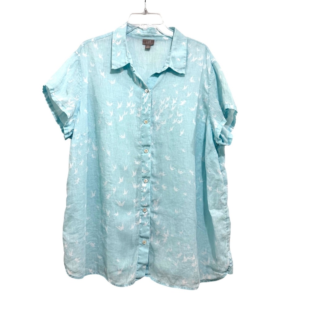 J. Jill Womens 2X Light Blue Bird Print Linen Short Sleeve Button Down Shirt